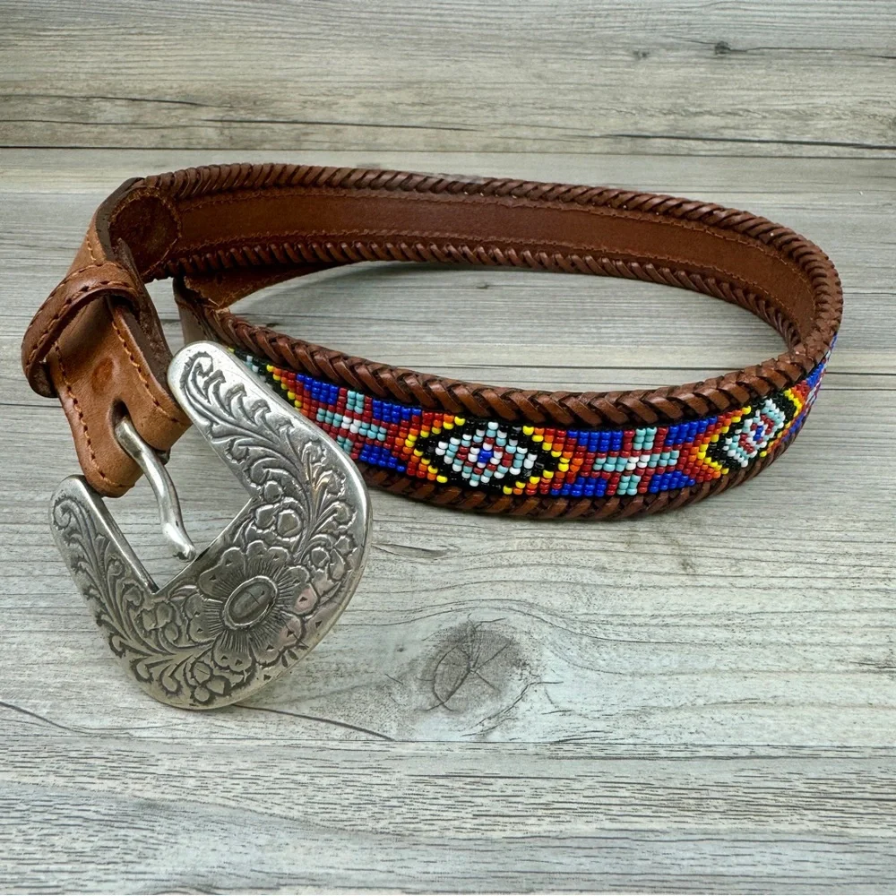 Child’s Boho style beaded leather belt 28”.